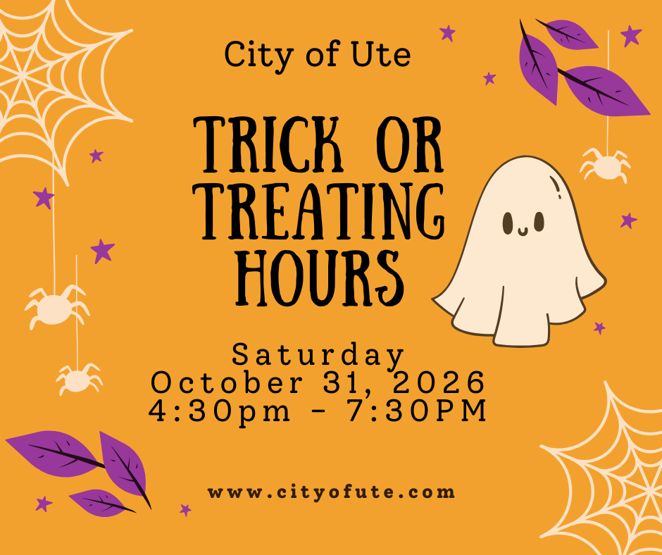 The image is a digital graphic advertising Halloween trick or treating hours for the City of Ute. The main content consists of text announcing "City of Ute," "TRICK OR TREATING HOURS," the date "Saturday October 31, 2026," and the time "4:30pm - 7:30pm." A website address "www.cityofute.com" is also displayed at the bottom.

The scene characteristics are festive and Halloween-themed. The background is a vibrant orange, typical of Halloween imagery. Decorative elements include white spiderwebs in the corners, purple illustrated leaves scattered throughout, and small purple stars. 